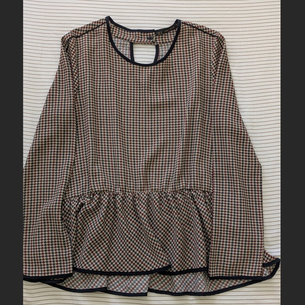 Zara Houndstooth Peplum Top Blue and Tan Medium